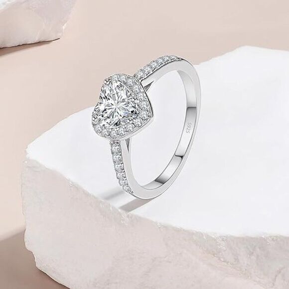 White Gold Heart CZ Simulated Diamond Ring, Cubic Zirconia 925 Sterling Silver - Picture 4 of 5